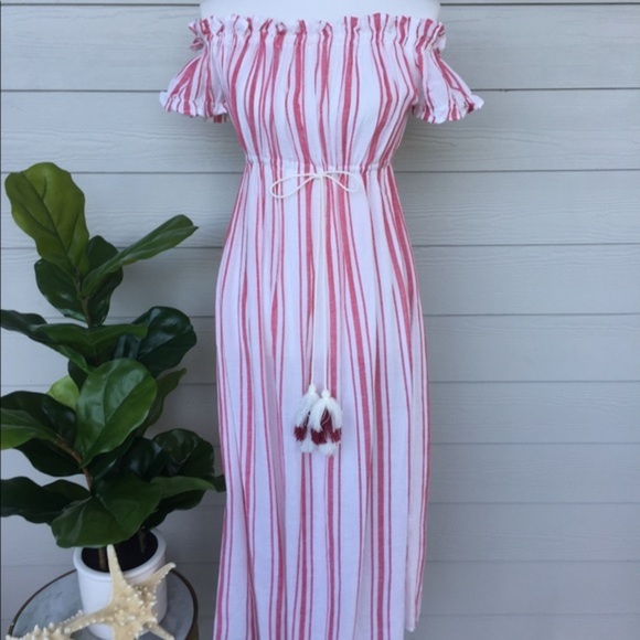 NWT America + Beyond (S) Red&White Stripe On/Off Shoulder Maxi Tie Tassel Waist - Picture 1 of 11